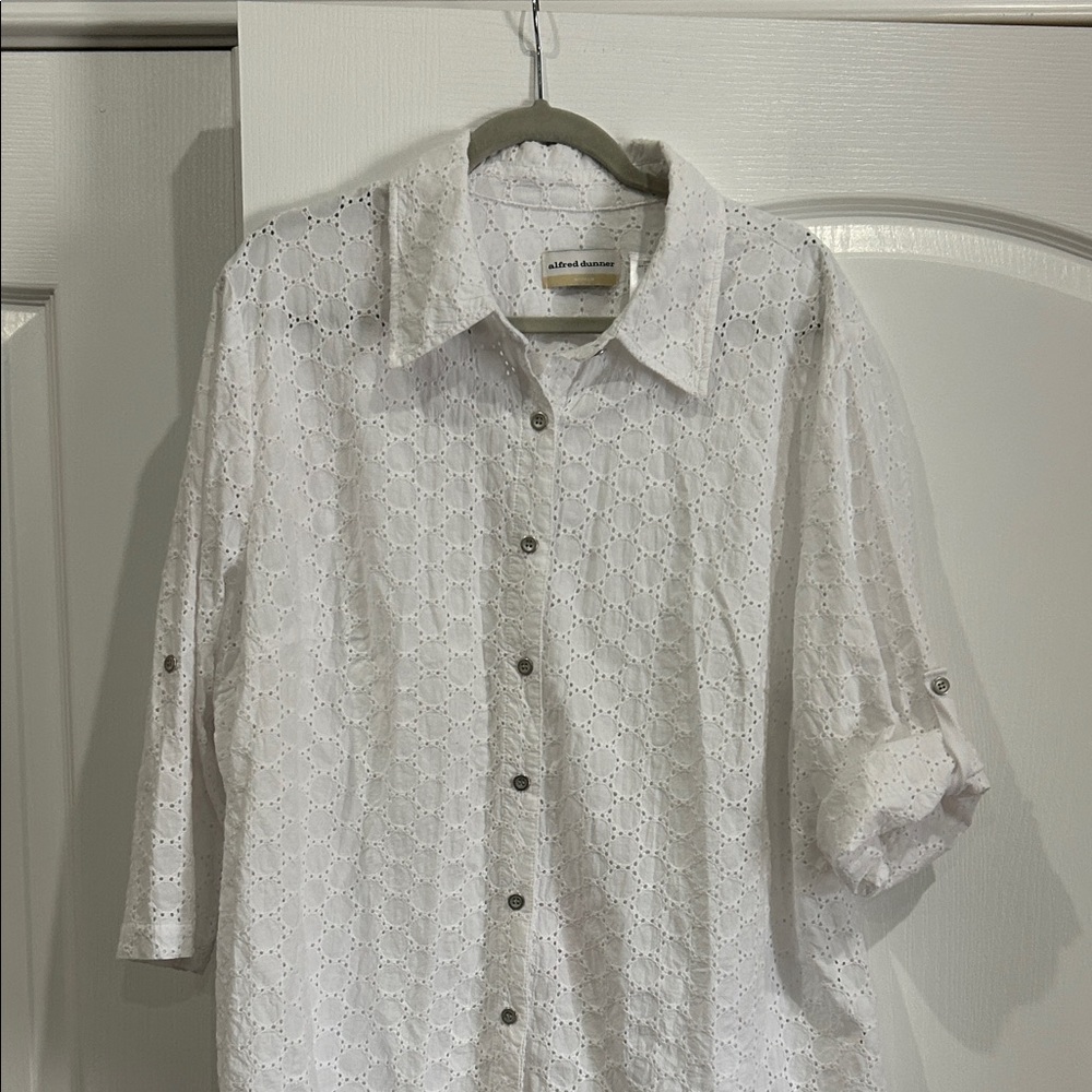 Alfred Dunner White Button-Up Eyelet Top